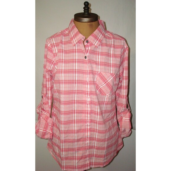 New Womens NWT Prana M Bronwyn Pink Top Plaid Organic Casual Button Down UPF 30 - Picture 4 of 5